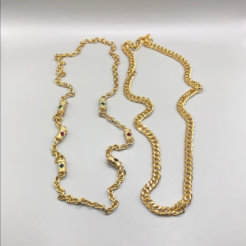KJL Long Chain Necklace Gold + Retro Style Cylinder Stations Statement Necklace.